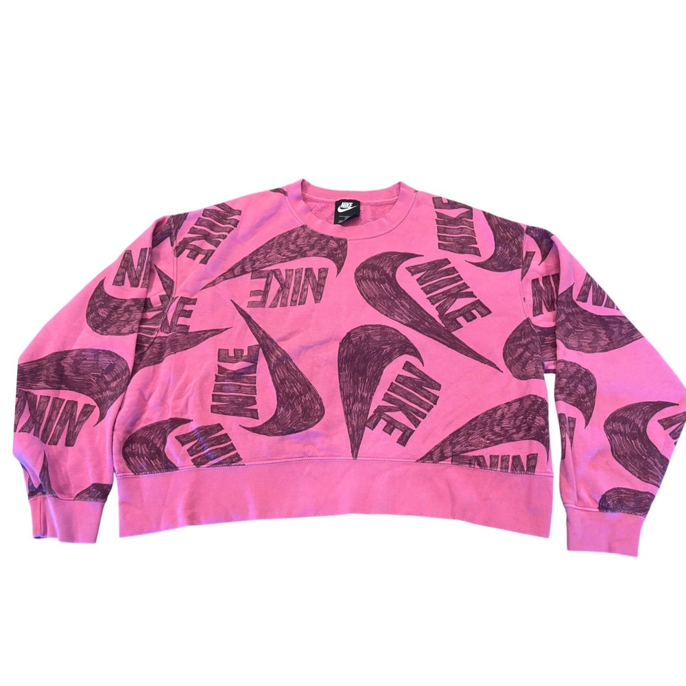 Nike Sportswear Pink All Over Scribble Swoosh Logo Cropped Sweatshirt 1X